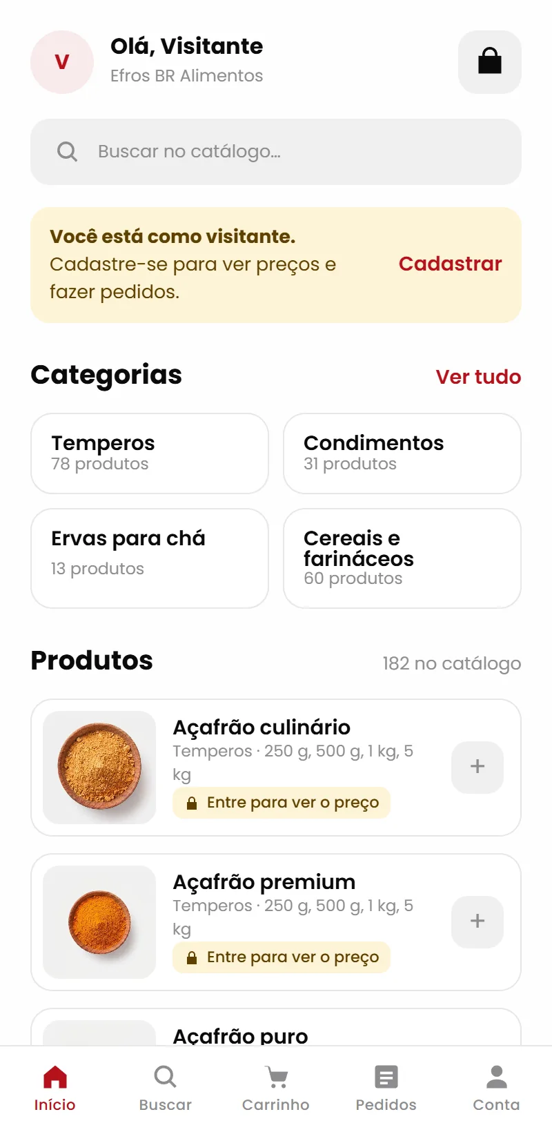Tela inicial do app com busca, categorias e produtos
