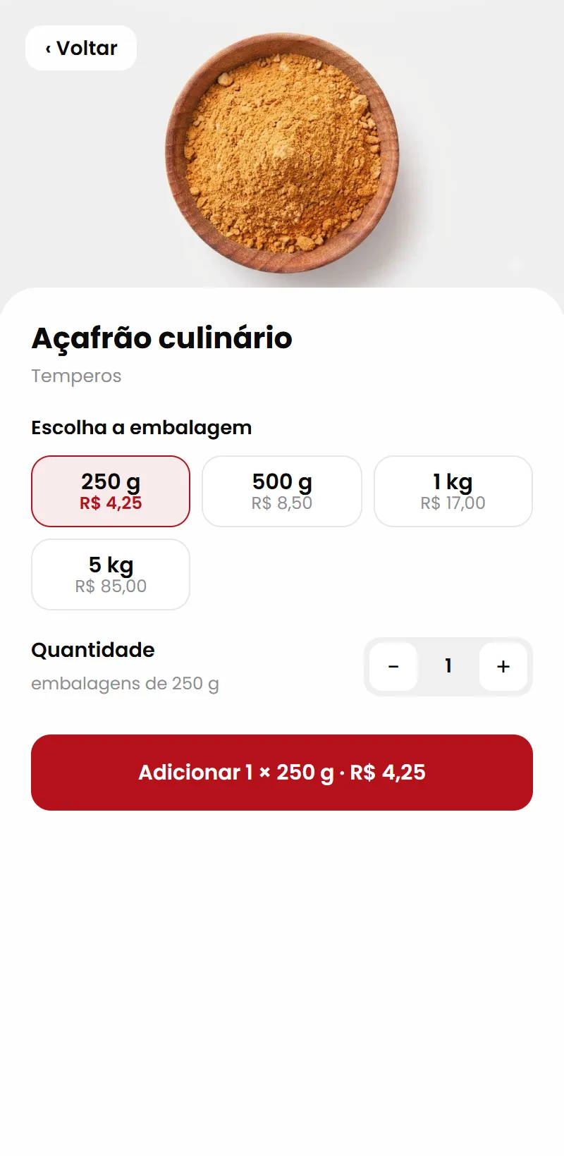App do Pedibem: produto Açafrão culinário com as embalagens de 250 g, 500 g, 1 kg e 5 kg e o botão de adicionar ao carrinho