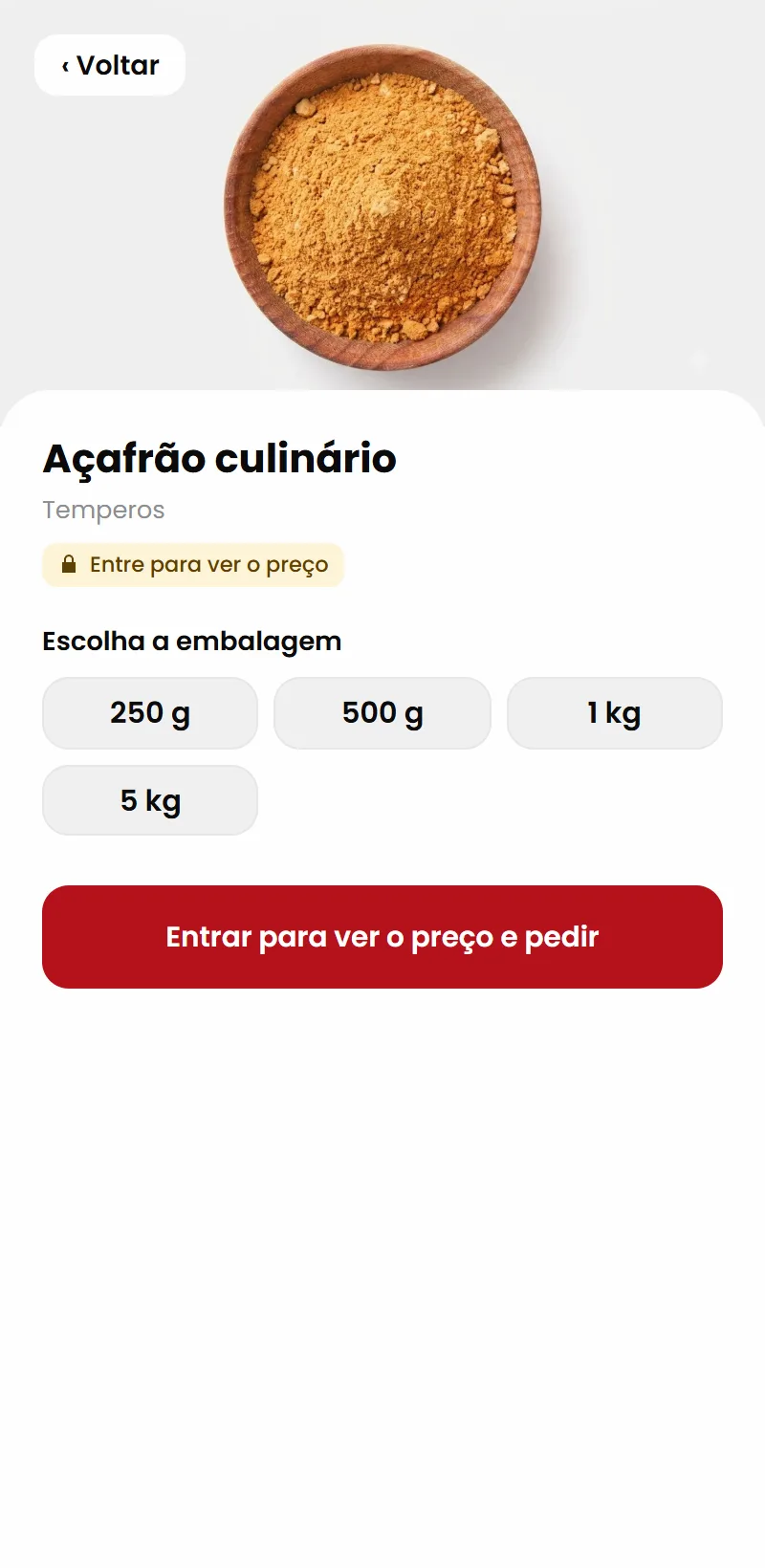 Página de produto no app vista por um visitante, com as embalagens e o aviso para entrar e ver o preço
